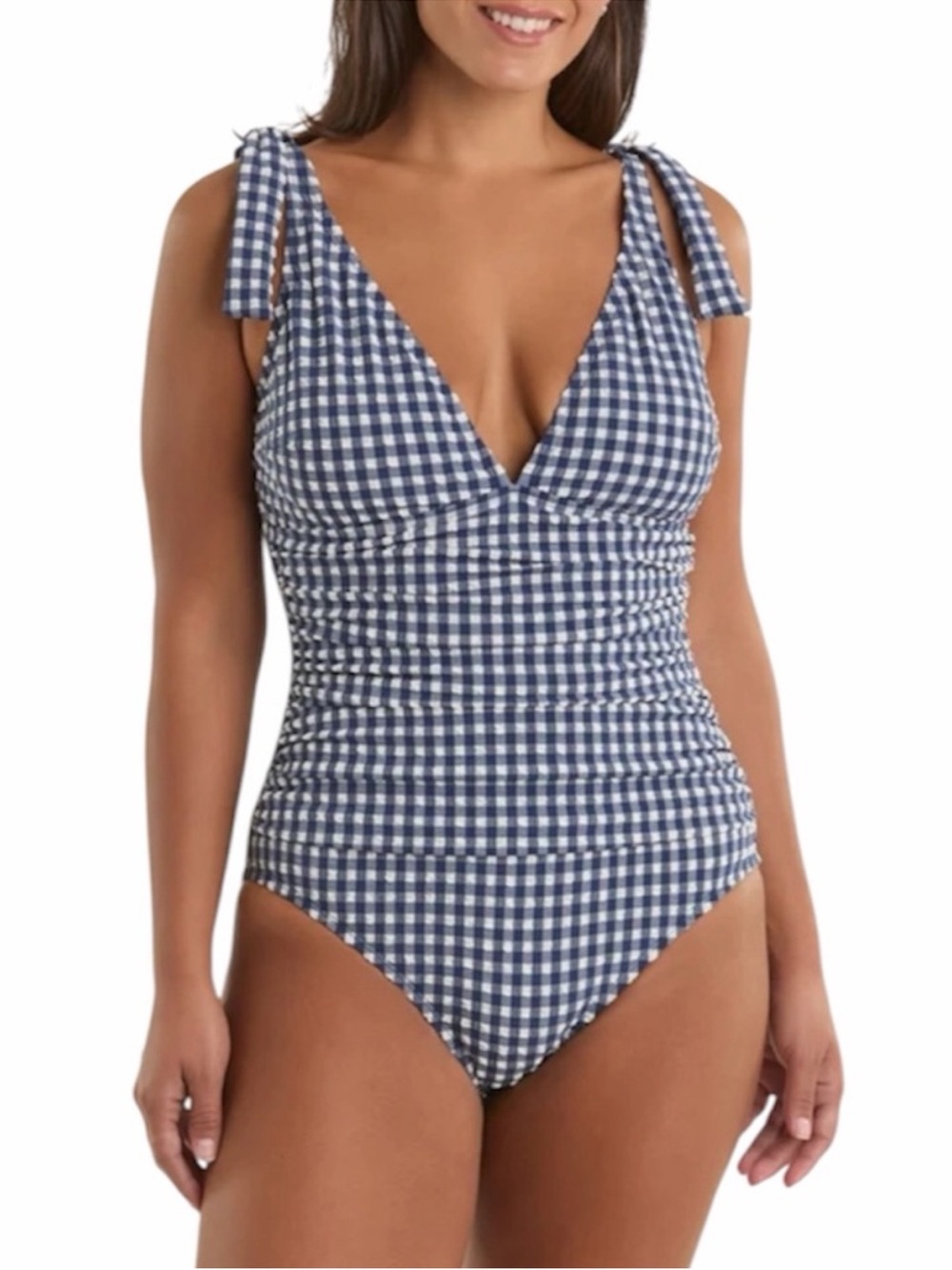 Ellen Tracy Navy and White Gingham Tie-Shoulder One-Piece